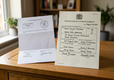 A UK marriage certificate with a translation document beside it on a wooden desk.