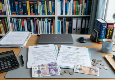A calculator with translation documents and British currency on a desk, symbolizing translation pricing.