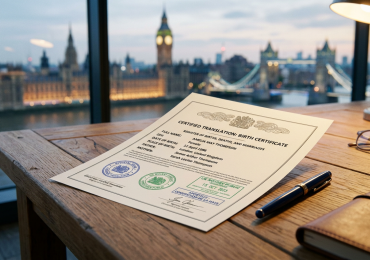 A close-up of a translated birth certificate with UK landmarks in the background.