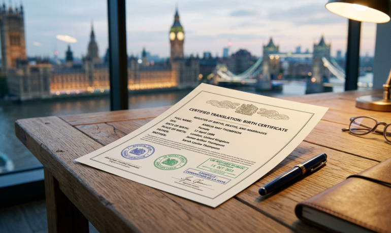 A close-up of a translated birth certificate with UK landmarks in the background.