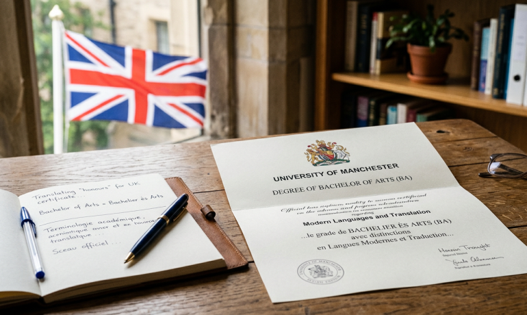 A degree certificate being translated with focus on text and a UK flag in the background.