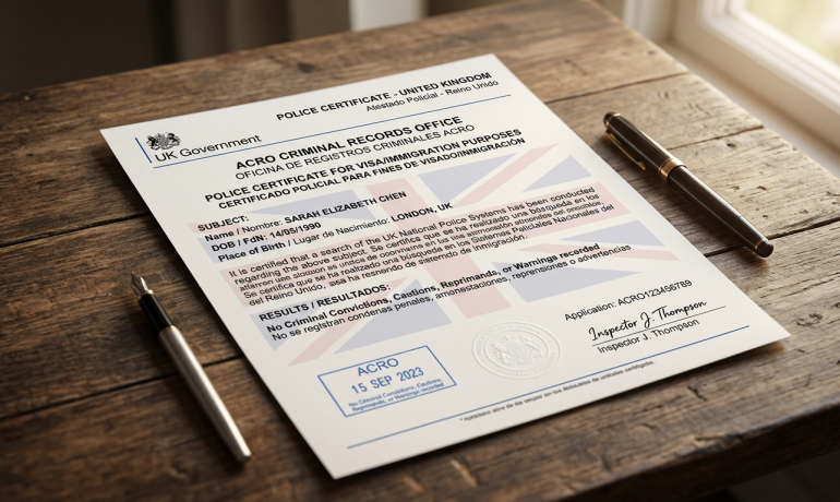 A police certificate with English and translated text, a UK flag in the background.
