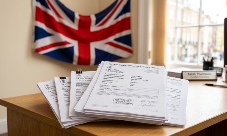 A stack of translation documents with a UK flag in the background.
