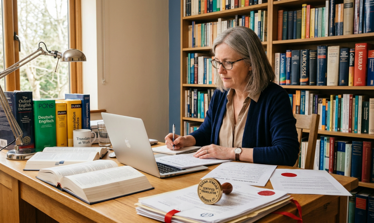 A translator working on documents with a stamp for certified translation.